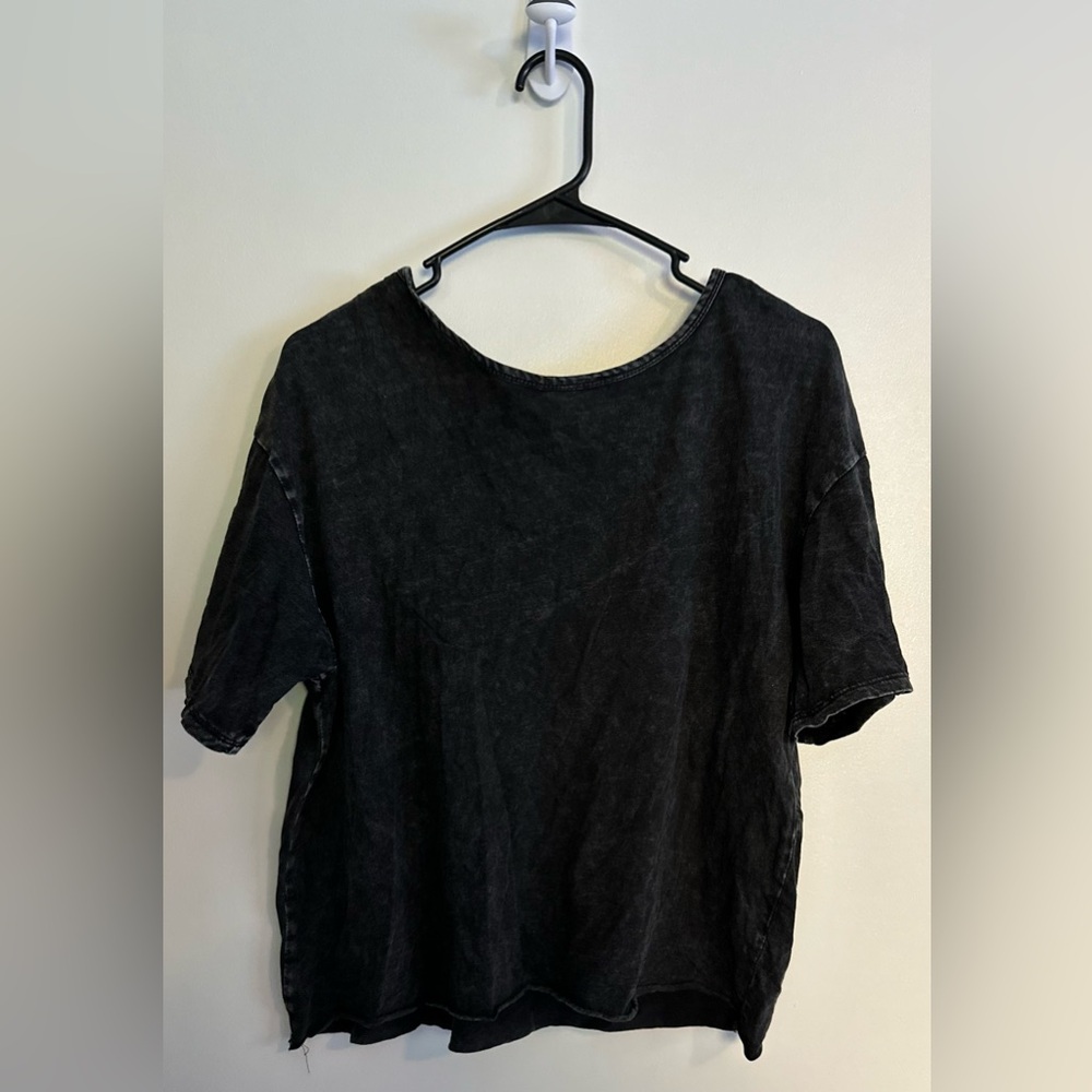 Caution to the Wind. Faded Black Tshirt with Raw Hem.